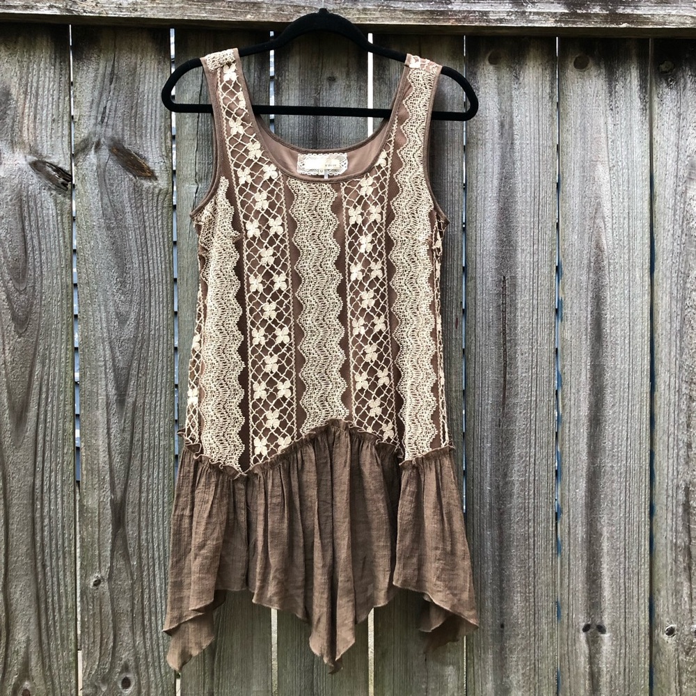 A’reve Lace Tank Dress Top Mesh Brown Cream Handkerchief Hem Flapper
